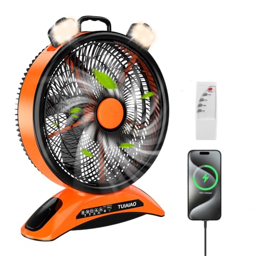 TUIAIAO Extra Large Size Camping Fan, 45000mAh Battery Rechargeable Portable Fan, 12-Inch Blade & 830CFM High Velocity Airflow, Timer, Remote, Cordless for BBQ RV Tent Garage Patio Outdoor & Indoor