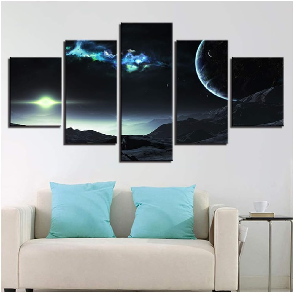 Canvas Art 5 Panels Aurora Moon Night Modern Painting Poster HD Printings Living Room Wall Decor 40x60cmx2 40x80cmx2 40x100cmx1 Framed Moon