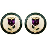 Vintage Colored Enamel Rose Flower Stud Earrings, 18K Gold Plated with 925 Silver Post, Elegant Floral Design