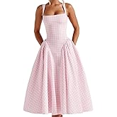 Lexamen Summer Gingham Long Dress Corset Square Neck Lace Up Casual Sundress Backless A Line Short Dresses for Women