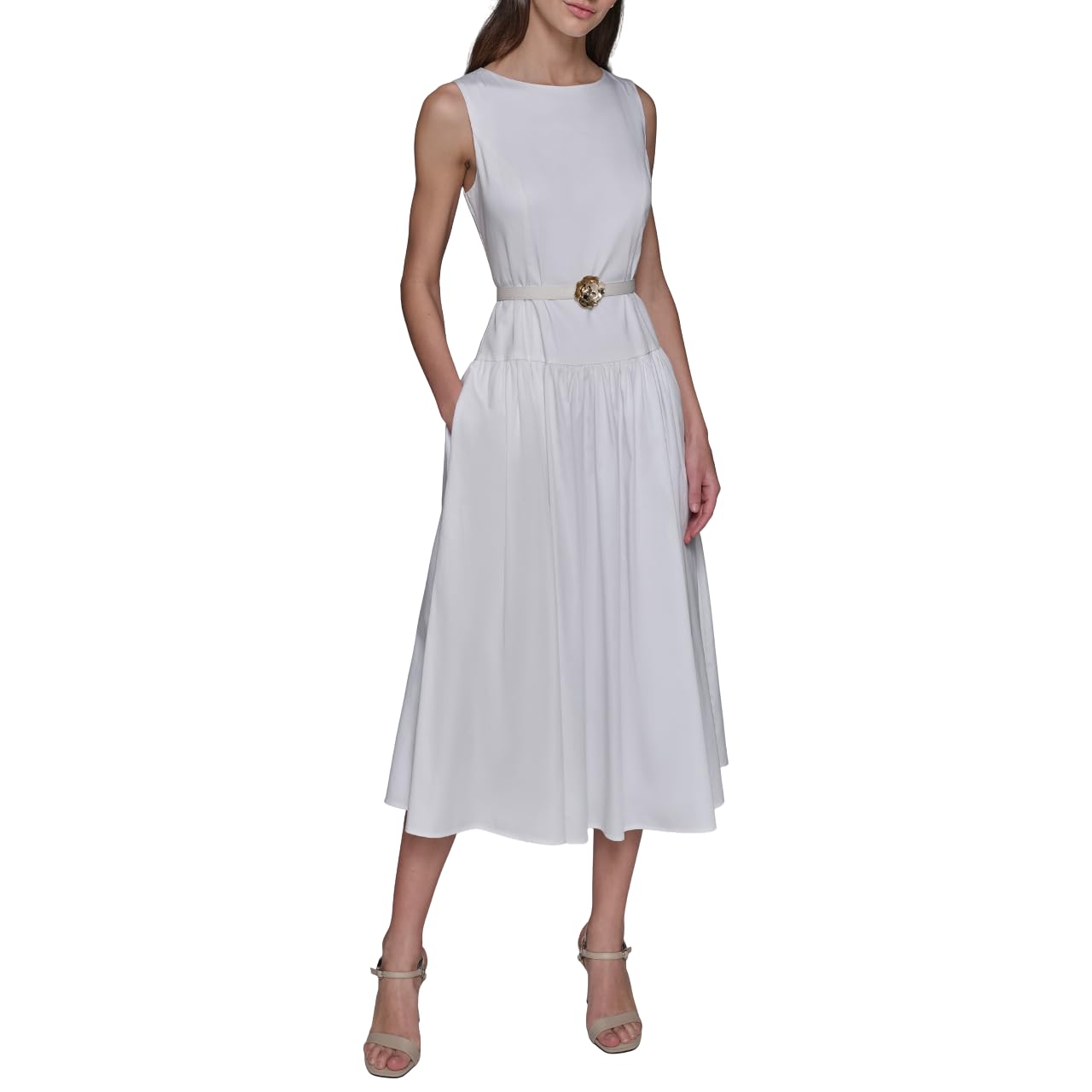 Photo 1 of KARL LAGERFELD Paris Women's Sleeveless Boat Neck Drop Waist Belted Midi Dress, Soft White, 2