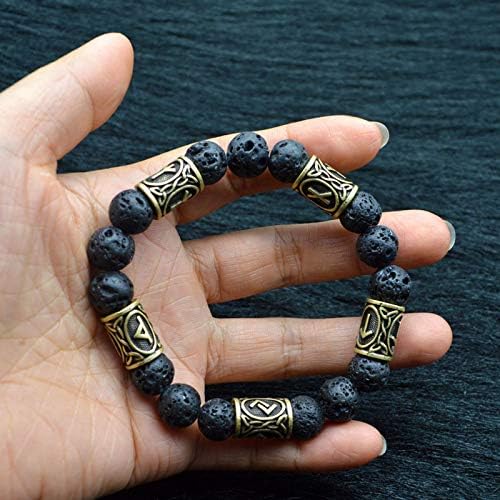 GuanHeag Home Norse Viking Rune Lava Bracelet Beads Black Alloy Men's Jewelry Vintage Retro