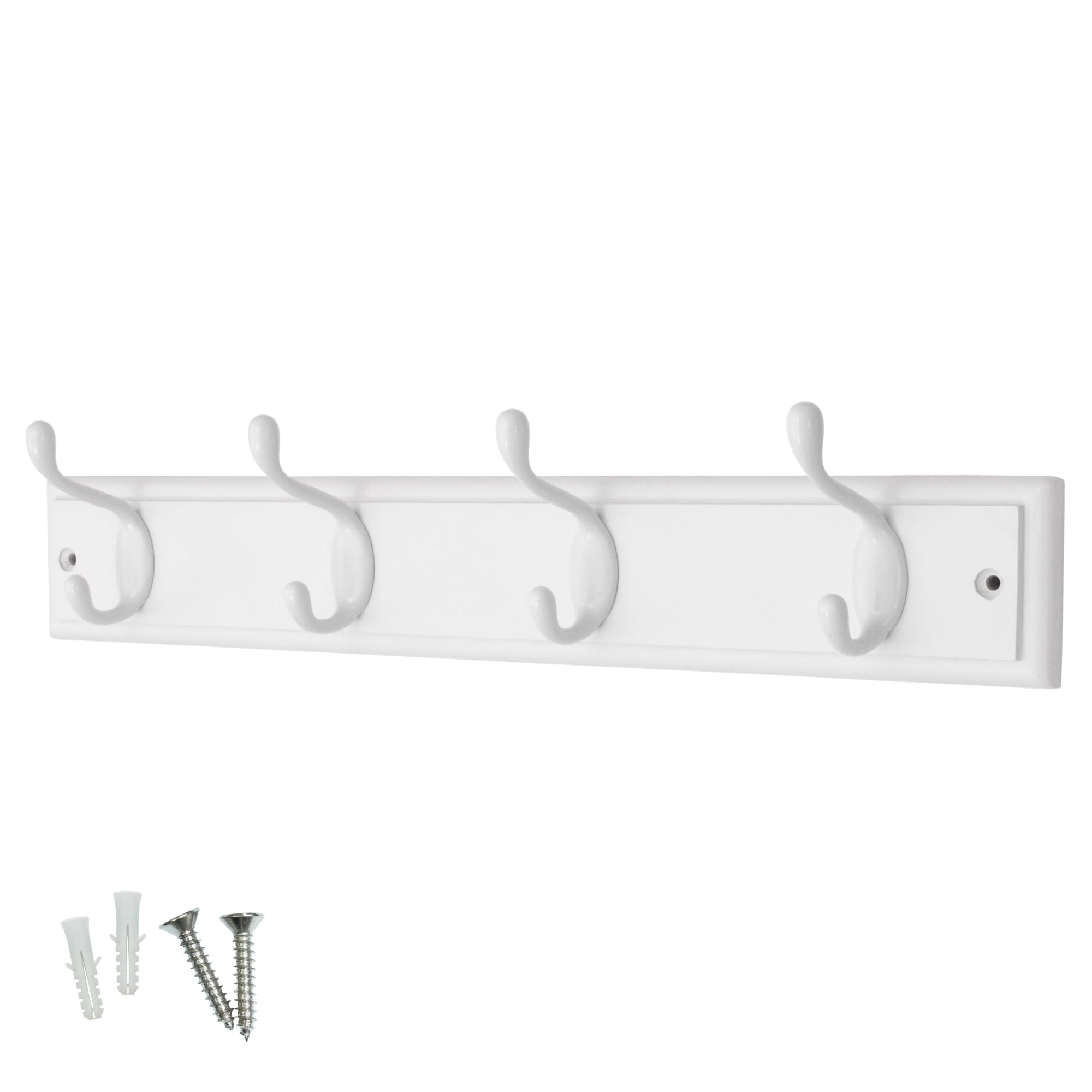 Keypak 4 Hook White Wooden Wall Mounted Coat Rack with 4 White Hooks - Heavy Duty Wooden Board for Coats, Hats, Bags, Tools Space Saving Wall Storage Organiser, Fixings Included