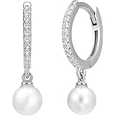 Solid 925 Sterling Silver Faux Pearl Dangle Hoop Earrings for Women, Dainty Drop Huggie Earrings with Charm Jewelry Gift for Her