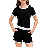 Voxikidio Size 7-14Y Girls 2 Piece Clothes Summer Outfits Slim Fit Short Sleeve Top and Shorts Set with Pockets