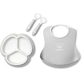 BabyBj&ouml;rn Mealtime Set, 4 pc, Gray | Includes Plate, Fork, Spoon, and Cup | Dishwasher Safe | Toddler feeding set for self-feeding or led weaning