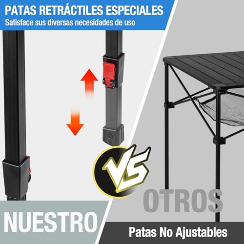 VILLEY Folding Table with Carry Bag, Portable Aluminium Folding Table, Height Adjustable Camping Table, Camping Table for Picnic, Fishing, Camping, Beach and Extrior, 70 x 70 x 78 cm