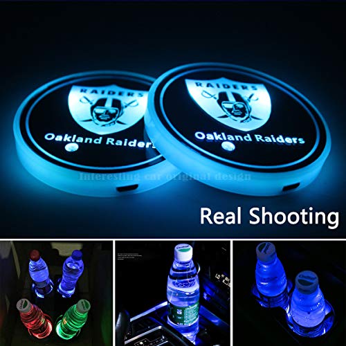 2pcs Oakland Raiders Team Logo LED Car Cup Holder Lights Accessories, USB Charging Mat Luminescent Cup Pad Colorful Dream Breathing Light,Loyal Fans' Choice LED Interior Decoration Light