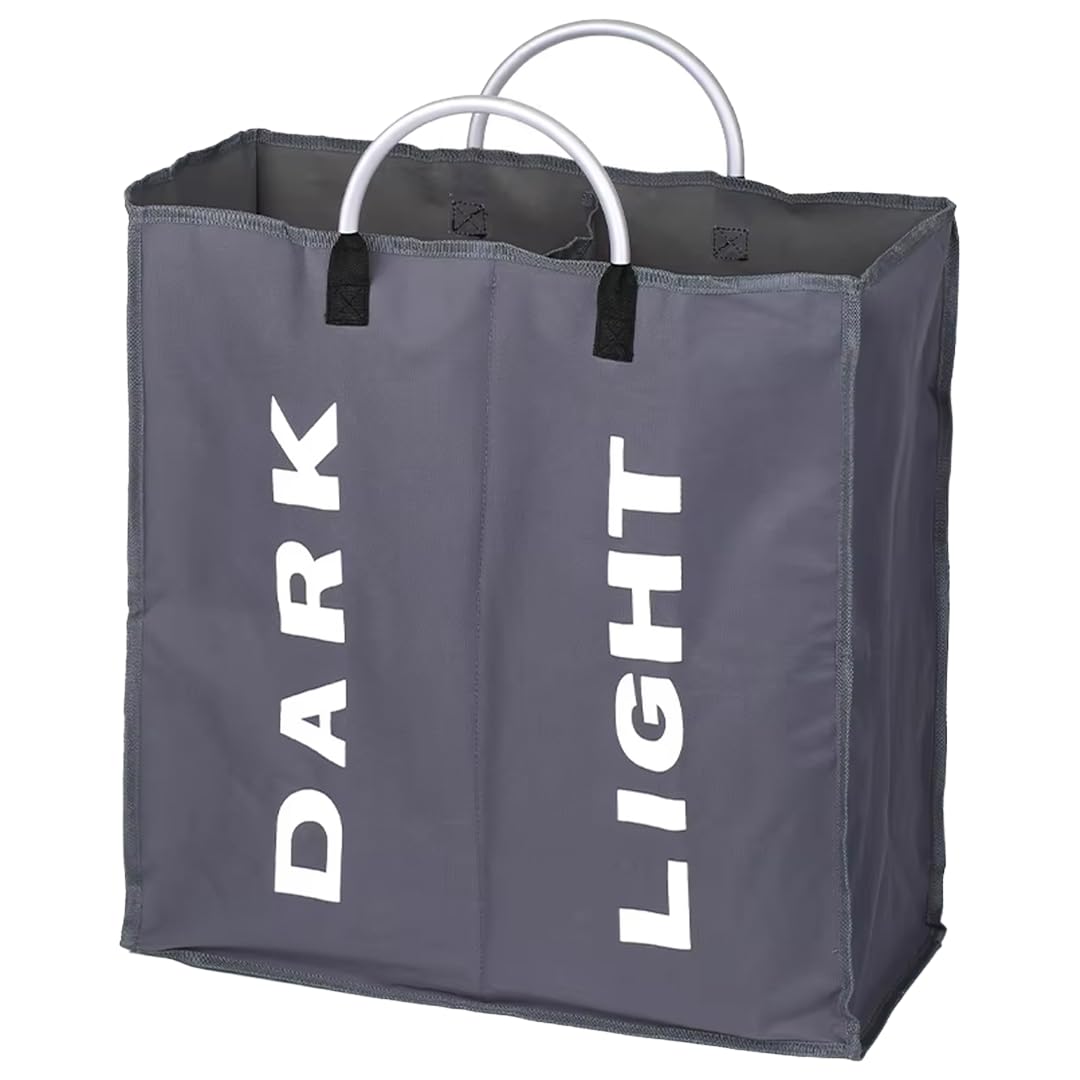 Double Compartment Laundry Basket with Handles | Collapsible Divided Clothes Hamper for Dark and Light Washing | Large Slim Portable Laundry Storage Bag for Home Bedroom Dorm Dark Grey