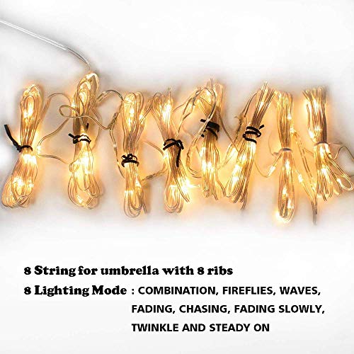 Solar Patio Umbrella String Lights, Umbrella Lights Solar Powered Bright 8 Modes 104 LED Lights Included 3xAA Rechargeable Battery, for Outdoor Beach Deck TV DIY Garden Party Christmas Decoration - Thumbnail 2