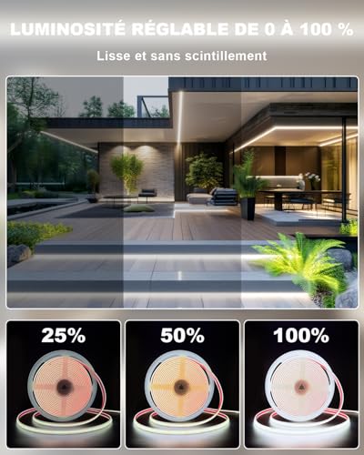 IP68 Waterproof Cob LED Strip, 2700K Warm White LED Strip, Power Supply 24V Led Cob Application and Remote Control for Front Roof, Garden, Terrace, Kitchen, Bathroom (7M-6500K)