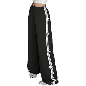 Destime Girls Wide Leg Pants Elastic Waist Bowknot Side Stripe Long Trousers Casual Loose Fit Fashion Streetwear