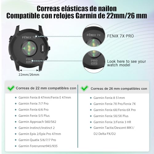 22mm Watch Band Compatible with Garmin Fenix 8/E 47mm/Fenix 7/7 Pro/Fenix 6/ 6 Pro/Fenix 5 Plus, Stretchy Nylon Sport Strap for Forerunner Instinct 2/EPIX 2
