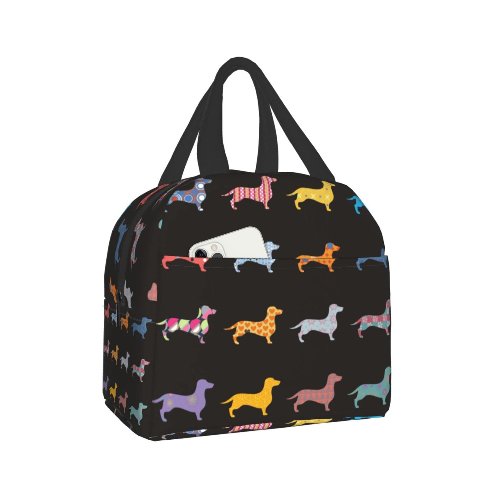 Hitamus Dachshund Dog Insulated Lunch Bag for Women, Reusable Lunch Box with Front Pocket Leakproof Cooler Tote Bag for Office Picnic Travel