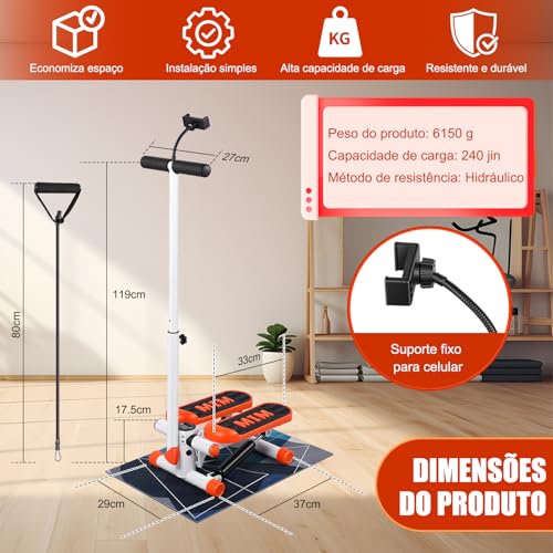 Mini Stepper Adequado para Senhoras com Monitor em Lcd, Mini Stair Stepper com Guidão e Suporte Celular, escada com faixas de resistência, Escada Ergometrica Academia, Stepper Simulador de Caminhada