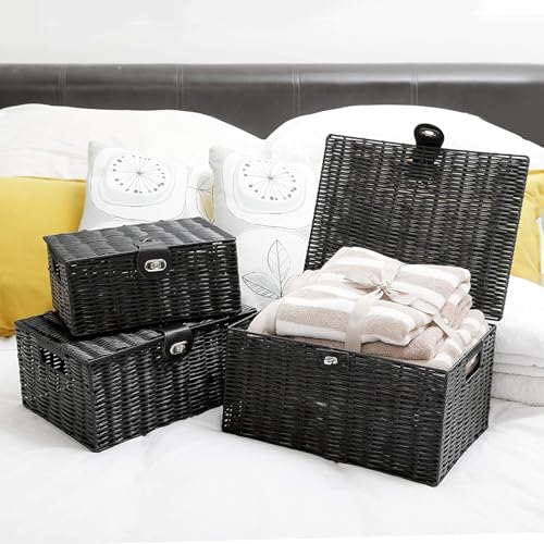 Homodoskey Set of 3 Woven Storage Basket Box Wicker Hamper Stackable Bin with Lid & Lock, Built-in Carry Handles, Organizer for Nursery, Baby Closet, Diaper, Toys, Home, Office, Laundry, DVD (Black)