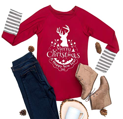 For G and PL Christmas Women Cotton Long Sleeve Letter Print Blouse Casual Striped Top Reindeer XXL