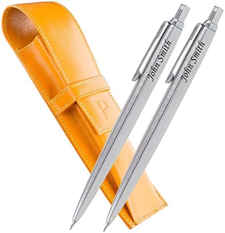 Personalised Laser Engraved Gift Idea – PARKER with Leather Case - Jotter Set 2 x Pencil Silver & Pagani Orange