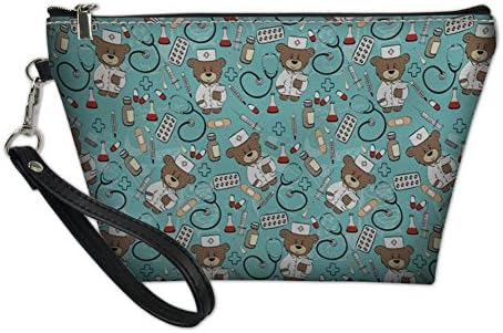 UFDIS Makeup Case Travel Cosmetic Bag Nurse Bear Leather Organizer Bag with Adjustable HandStrap Storage Case for Girl and Women