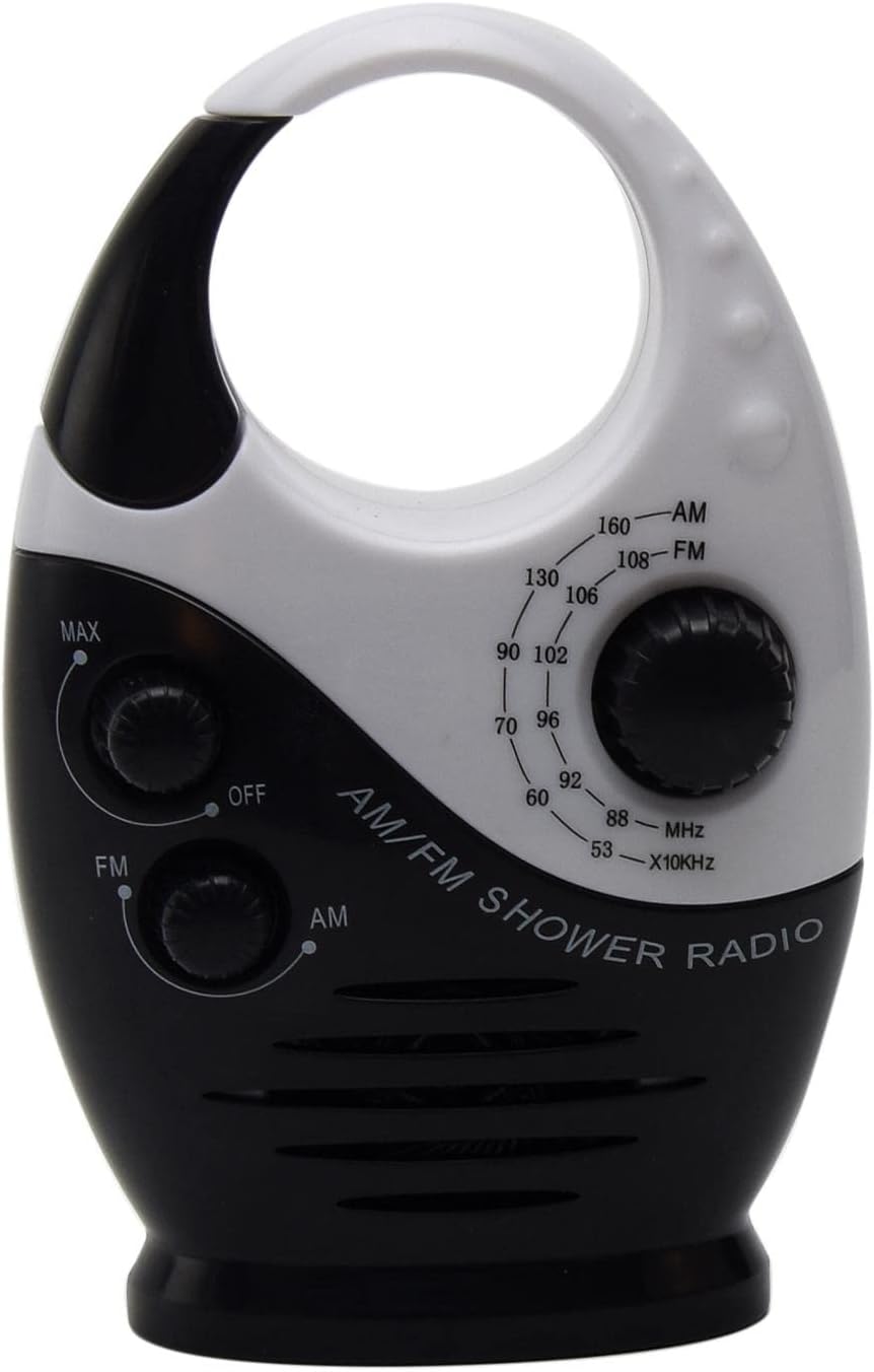 Jiakalamo Shower Radio AM FM Portable Waterproof Hanging Speaker Black White