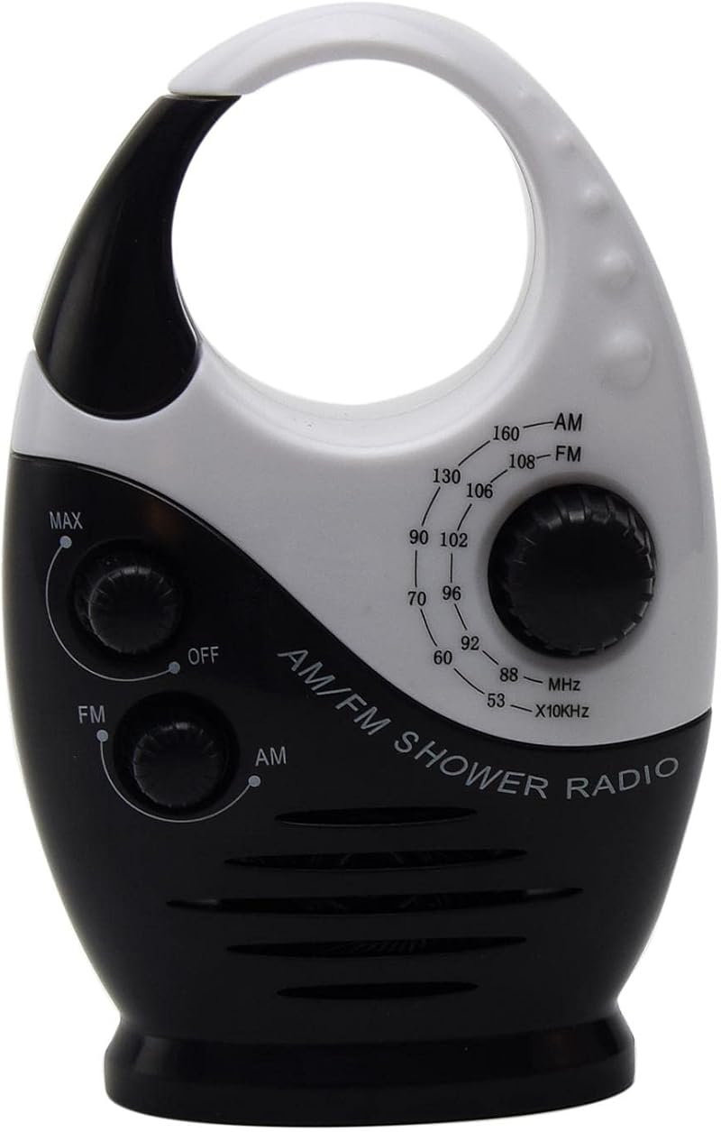 Jiakalamo Shower Radio AM FM Portable Waterproof Hanging Speaker Black White