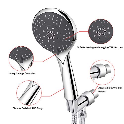 Wodgreat Handheld Shower Head with Hose, 5 Settings High Pressure Hand Shower Sprayer, Adjustable Swivel Ball Holder, 60" Stainless Steel Hose, Easy to Install, No Leaking, Chrome