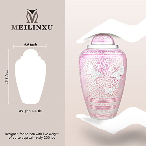 Cremation Urn for Human Ashes Adult - Brass Funeral Urn for Women - Metal Hand Engraved Silver Butterfly Large Urn for Adults - Display Burial At Home or in Niche at Columbarium ( Pink Butterflies - Thumbnail 5