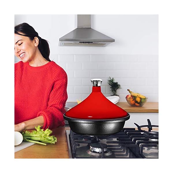 Bruntmor Fire Red Cast Iron Moroccan Tagine 4Quart Cooking Pot with Silver knob, Enameled Base