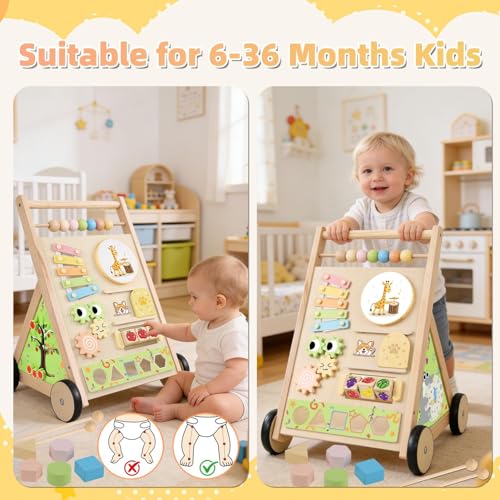 Multifunctional Wooden Baby Walker with Wheels, Montessori Early Educational Activity Center, Sit to Stand Learning Walker Toy with Shape Sorter Xylophone for Toddlers