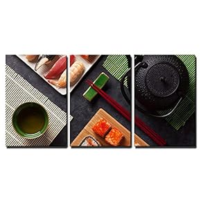 3 Piece Canvas Wall Art - Set of Sushi and Maki Roll and Green Tea on Stone Table. Top View - Modern Home Art Stretched and Framed Ready to Hang - 16"x24"x3 Panels