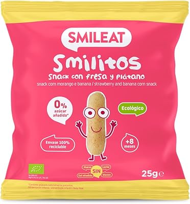 Sorriso | sacos de smilitos orgânicos para crianças sabor morango e banana | vermes saudáveis ​​para crianças | lanche de milho saudável | alternativa de lanche infantil saudável | 1 saco de 25g