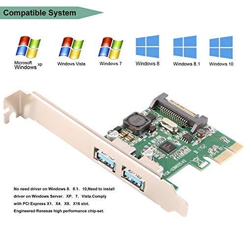 Ubit U3N02S with 2 Ports USB 3.0 Super Fast 5Gbps PCI Express (PCIe) Expansion Card for Windows XP、7、Vista、8、8.1、10 Desktop Computer-Build in Self-Powered Technology-No Need Additional Power Supply