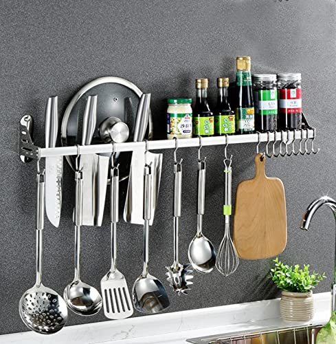 Lumai Suporte De Parede Cozinha com 10 Ganchos Móveis e Prateleira de Aço Inox 304 Para Pendurar Organizar Utensilios De Cozinha, Temperos, Facas e Panelas