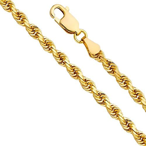 TWJC Chain CollectionTWJC 14k REAL Yellow Gold SOLID Men's 5mm Rope Diamond Cut Chain Necklace with Lobster Claw Clasp