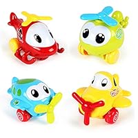 PUSITI Pull Back Cartoon Plane Assorted 4" Airplane Friction Cars Playset 4 Pack Plastic Helicopter Aircraft for Preschool Children Baby Toddlers Kids Pull-Back Vehicle Education Learning Toys