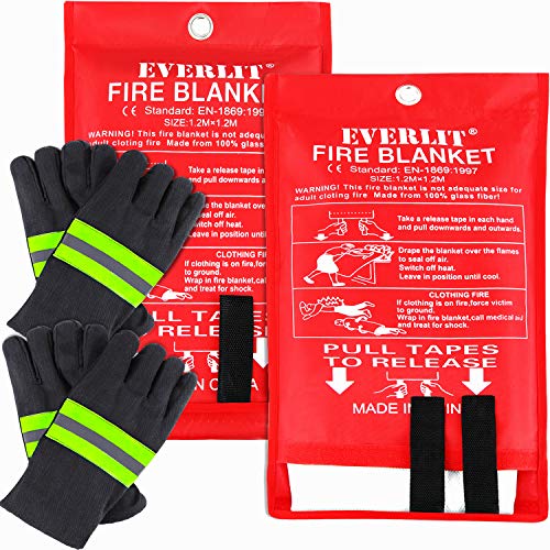 EVERLIT Fire Blanket Size XL 47”x47” Fire Suppression Emergency Blanket w/Heat Resistant Gloves w/Reflective Strap (2-Pack) for Kitchen, Camping, Grilling