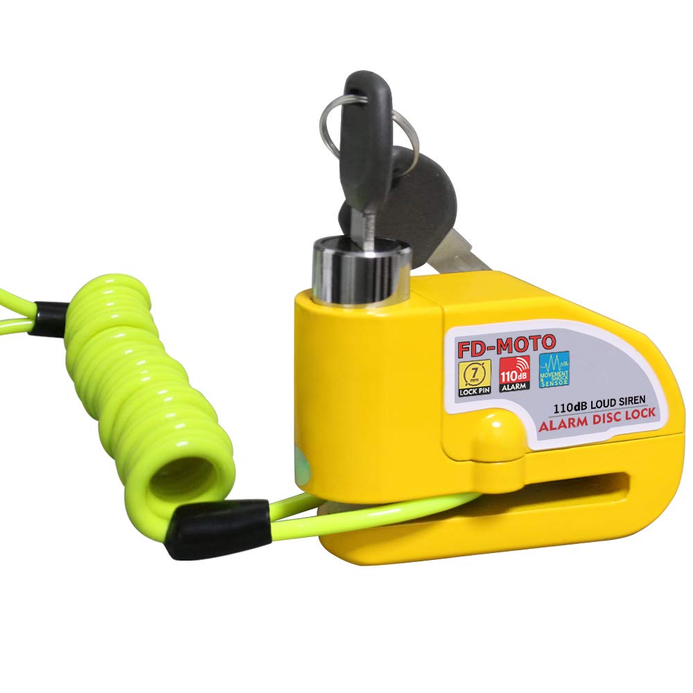 FD-MOTO 110dB Alarm Brake Disc Lock Anti-Theft 7mm Pin Security Lock Yellow + Free 1.5m Reminder Cable for Motorbike Motorcycle Scooter Bike Bicycle