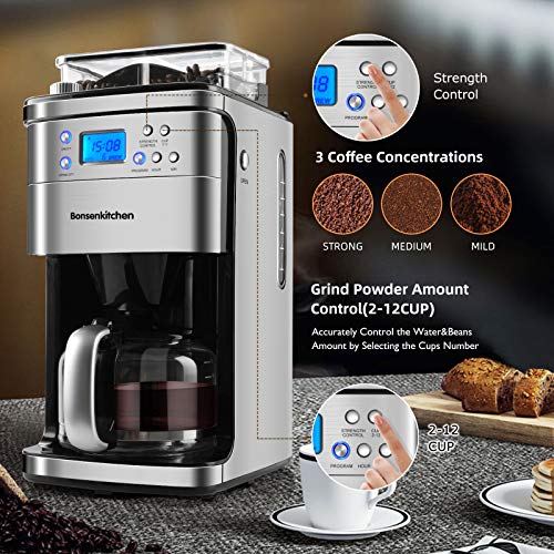 12Cup Coffee Maker, Programmable Coffee Machine with Burr Conical