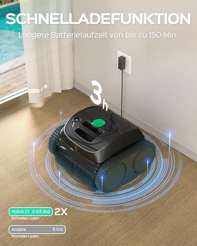 WYBOT C1-Plus Pool Robot for Built-In & Superstructure Pools, Pool Robot Battery: 160 Min, Running Time. 4-in-1 Pool Robot Battery Wall and Floor Cleaning up to 160 m², Smart Navigation & App - Ink