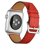 Valkit for Apple Watch Band - iWatch Bands 38mm Genuine Leather Strap iPhone Smart Watch Band Bracelet Replacement Wristband with Stainless Steel Adapter Clasp for Apple Watch 2 1, Single Tour-Red