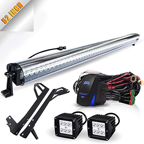 TURBOSII For 2007-2017 Jeep Wrangler JK 52Inch Led Light Bar Offroad Lights +Upper Roof Windshield Mounting Brackets +Wind Cover Noise Reducer + 2PC 3″ Led Pods Cube Fog Lights +DT Wires Rocker Switch