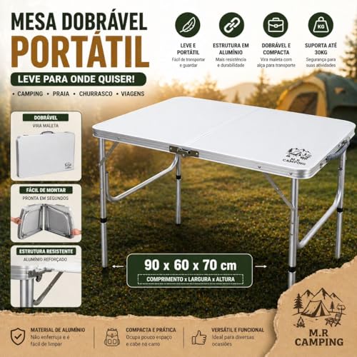 Mesa Maleta Camping Dobrável 90x60cm Ajuste Altura Livre Estável Portátil Alumínio M.R Camping