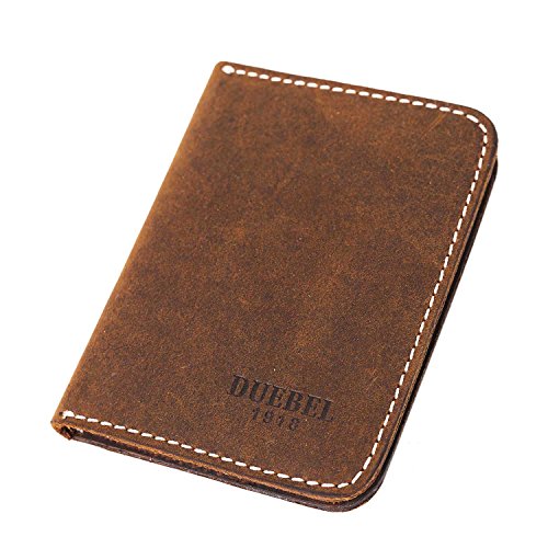 DUEBEL Bi Fold Slim Top Genuine Leather Thin Minimalist Front Pocket Wallets for Men, Made From Full Grain (Brown without Magnet)