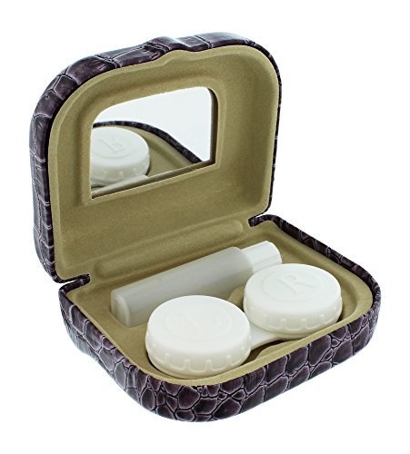 Faux Patent Leather Croco Contact Lens Travel Case Mirror Solution Bottle Purple