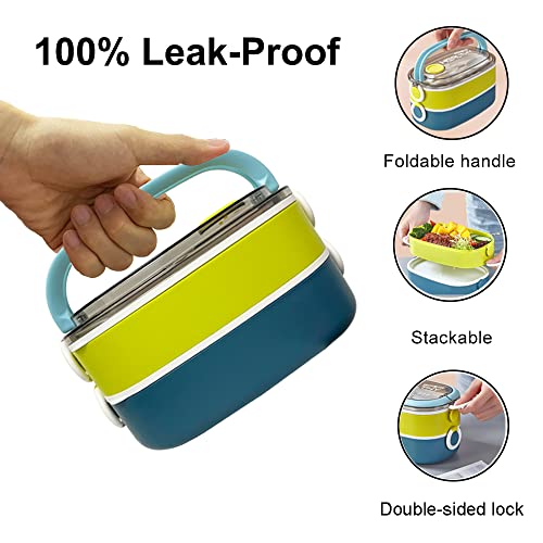 Lille Home 2-Tier Stackable Plastic Leakproof Microwavable Bento Lunch Box/Jumbo Size Food Container with Cutlery Set, BPA Free, 54oz (Blue)