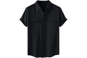 Men's Linen Shirts Short Sleeve Casual Button Down Shirt for Men Beach Summer Tees Dress Blouse with Pocket
