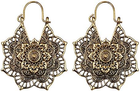 Womens Vintage Bohemian Antique Hollow Out Large Flower Long Dangle Ear Stud Earrings Retro Style Silver Gold (Gold)