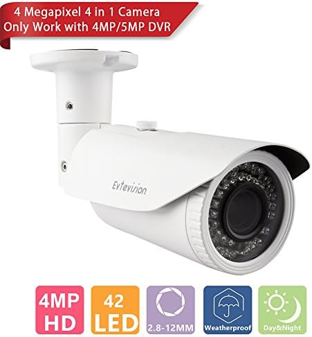 Evtevision 4 Megapixel Security Camera AHD Bullet Camera AHD/TVI/CVI/Analog 4 in 1 Weatherproof Outdoor/Indoor Night Vision 130ft(40m) IR Distance 2.8-12mm Vari-focal Lens, OSD Menu UTC IR-cut