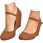 Coutgo Womens Wedge Pumps Dressy Mary Jane Shoes Comfort Wedges Closed Toe Ankle Strap Heeled Shoes