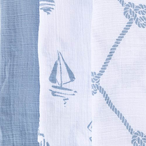 Cotton Muslin Swaddle Blanket 3 Pack 47" x 47" - Dusty Blue Nautical Print - Thumbnail 4